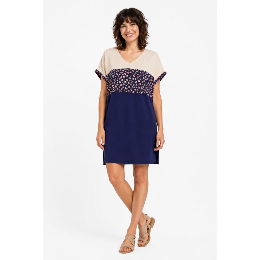 NWT UMGEE M 8 10 12 Navy Ecru Red Cheetah Block Print Boxy Cotton Knit Dress
